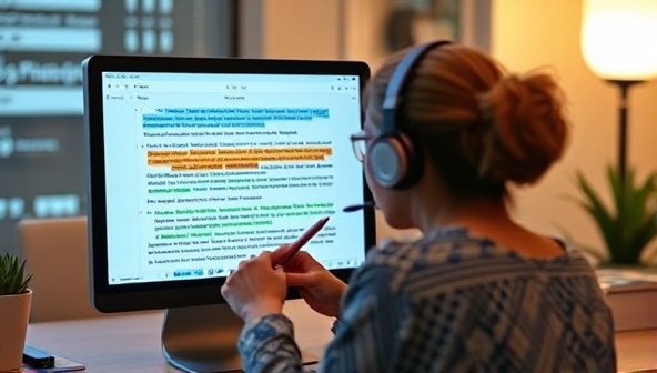 An AI-powered virtual assistant providing real-time feedback on a writer's work displayed on a digital screen, with colorful highlights and suggestions popping up, creating a dynamic and interactive writing improvement experience, symbolizing the advanced capabilities of ScriptSage.