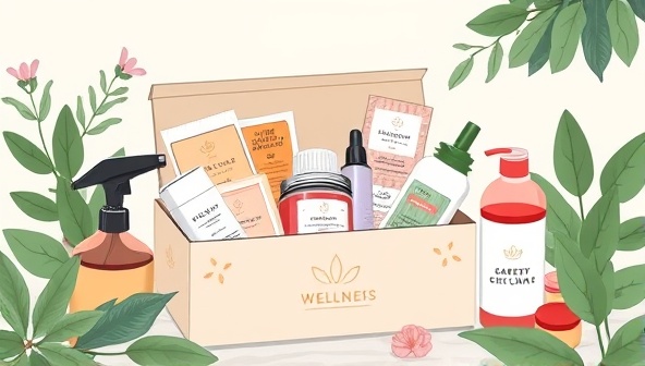 An inviting digital illustration of a beautifully designed wellness subscription box filled with self-care items, artisanal goods, and wellness products, surrounded by lush greenery and calming elements, evoking a sense of tranquility and indulgence in well-being.