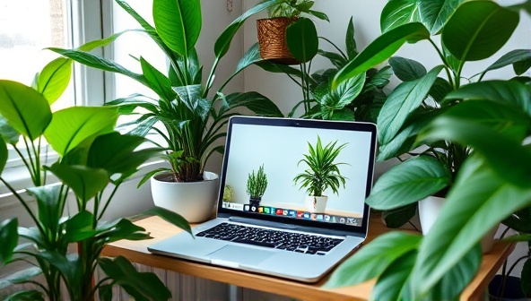 A cozy indoor setting with lush green plants of various sizes and shapes, accompanied by a laptop displaying a virtual plant consultation session, showcasing the blend of technology and nature in the consultancy service, creating an inviting and educational atmosphere.