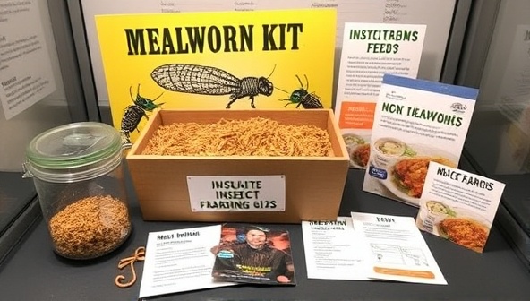 An engaging visual display featuring a vibrant insect farming kit with live mealworms, nutritious feed, and recipe cards for insect-based culinary creations, showcasing the potential for sustainable protein sources and culinary innovation.