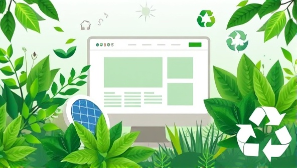 An artistic representation of a website interface surrounded by lush greenery and sustainable elements, such as solar panels and recycling symbols, conveying the eco-friendly design focus of GreenWave Designs.