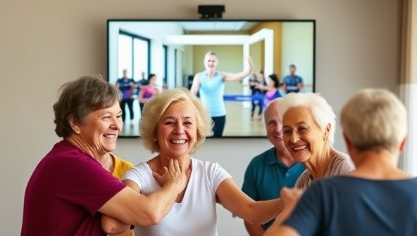An uplifting image of a group of seniors smiling and exercising together in front of a screen displaying a virtual fitness class led by a SilverFit Studio instructor, showcasing the sense of community and wellness promoted by the business.