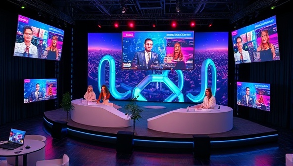 An engaging virtual event setup with multiple screens displaying interactive sessions, a virtual networking area with avatars, and a dynamic stage backdrop, highlighting the futuristic and immersive nature of virtual events.