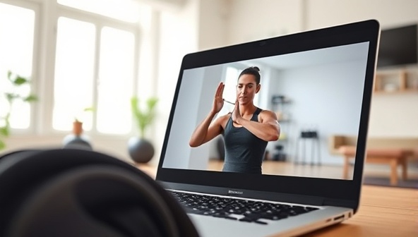 A laptop showing a fitness trainer conducting a virtual workout session with a client in a bright and airy home gym, emphasizing convenience and professional guidance.