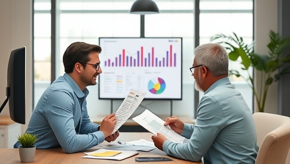 A virtual meeting scene with a freelance financial analyst discussing financial reports with a small business owner over a video call, both engaged in a collaborative and insightful conversation, reflecting expertise and strategic guidance.