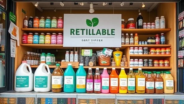 An inviting storefront showcasing a variety of refillable products like detergent, shampoo, and spices, with colorful containers and eco-friendly packaging, conveying a message of sustainability and conscious consumption.