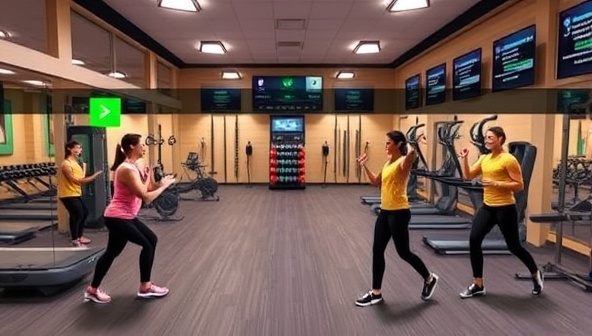 A dynamic virtual gym environment with workout stations, trainers guiding participants through exercises, and a leaderboard displaying fitness achievements, creating a motivating and energetic atmosphere for users to stay active and healthy in a digital space.