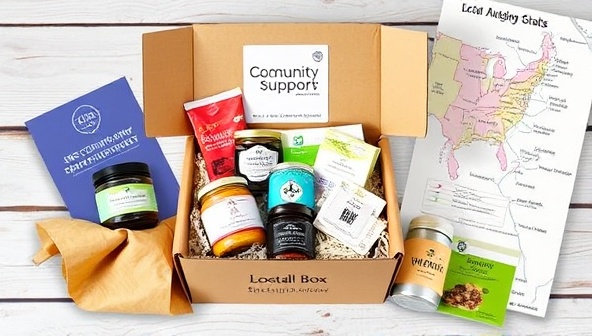 An inviting image of a beautifully designed subscription box filled with local artisanal products, surrounded by vibrant packaging materials and a map highlighting the region's businesses, conveying the essence of community support and discovery through LocalTreat Box subscriptions.