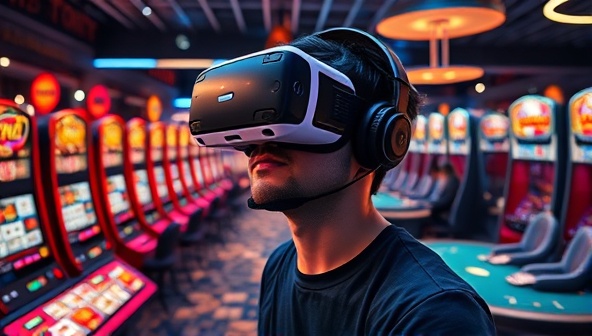 A dynamic image of a player wearing a VR headset, fully immersed in a virtual casino environment with digital representations of slot machines, poker tables, and fellow avatars, creating a futuristic and captivating scene.
