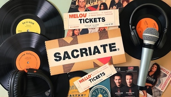An artistic collage featuring vinyl records, concert tickets, headphones, and a microphone, symbolizing the diverse music experiences included in Melody Crate subscription boxes.