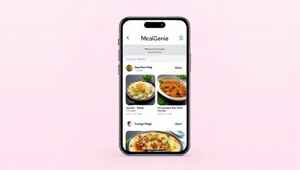 An illustrative representation of a smartphone screen displaying the MealGenie app interface, with personalized meal suggestions, nutritional information, and a sleek design, emphasizing convenience and customization in meal planning.