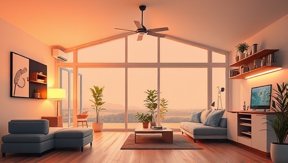 An illustration of a modern smart home interior with energy-efficient lighting, automated climate control systems, and smart appliances controlled via a mobile app, showcasing the convenience and sustainability of SmartEco Homes' consultancy services in creating environmentally friendly living spaces.