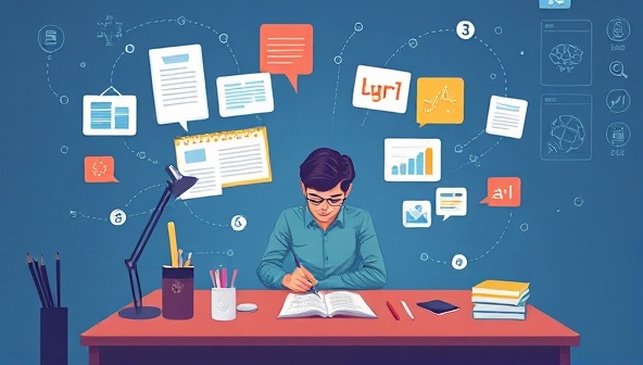 An engaging illustration of a writer at a desk, surrounded by AI-powered writing tools like virtual assistants and creative suggestion bubbles, showcasing the seamless integration of technology with the writing process.