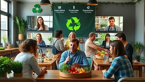 An engaging virtual workshop environment with sustainability experts leading discussions on eco-friendly cooking practices, surrounded by visuals of locally sourced ingredients, compostable packaging, and renewable energy symbols, symbolizing a collaborative effort towards a greener culinary future.