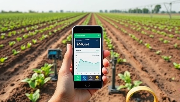An agricultural field equipped with SmartSoil Tech devices, displaying real-time soil data on a farmer's smartphone, with automated irrigation systems in the background, showcasing the efficiency and precision of IoT soil monitoring in modern agriculture.
