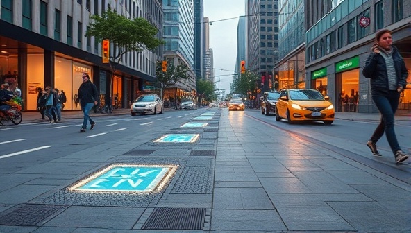 An urban street scene illustrating UrbanPower Pathways smart energy-generating pavements with embedded technology capturing pedestrian movement and generating electricity, showcasing the fusion of innovative urban design and sustainable energy solutions in a bustling city environment.