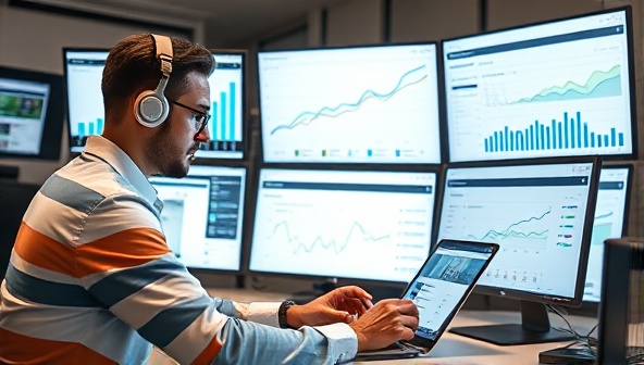 A virtual digital marketing consultant analyzing analytics data on multiple screens, with social media channels and website dashboards displayed in the background, conveying expertise and digital savvy.