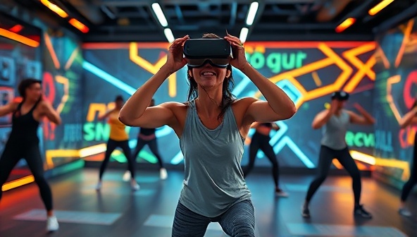An energetic scene of a user immersed in a virtual reality fitness class, engaging in dynamic exercises, surrounded by futuristic workout environments and motivational visuals, showcasing the interactive and engaging nature of FitScape VR's fitness experiences.