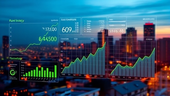 A digital interface displaying real-time energy consumption data and analytics graphs, with a city skyline in the background, symbolizing the convergence of technology and utility management for efficient energy distribution.