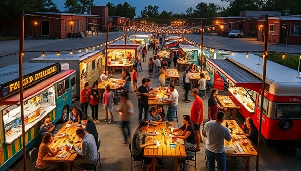 A bustling food truck hub with colorful trucks lined up, chefs cooking up a storm, customers enjoying diverse dishes at communal seating areas, and a vibrant atmosphere filled with culinary delights and entertainment, creating a lively and flavorful dining destination.