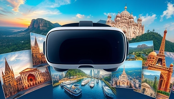 An artistic depiction of a virtual reality headset surrounded by images of stunning landscapes, luxurious interiors, and iconic landmarks, representing the immersive and captivating nature of interactive virtual tours in a visually appealing manner.