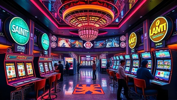 A futuristic virtual casino lobby filled with shimmering NFT collectibles and digital slot machines, showcasing vibrant NFT artworks and animated game elements, surrounded by avatars of players interacting and trading NFTs, illustrating the immersive NFT casino experience.