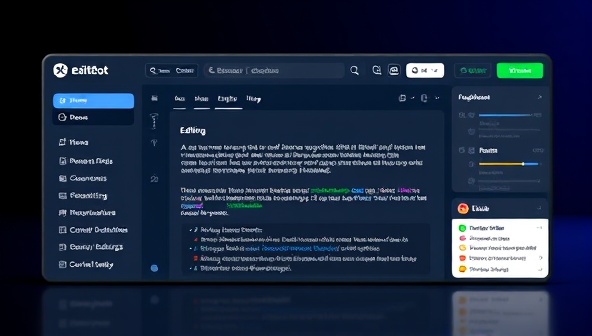 A sleek digital interface displaying the EditBot AI tool in action, highlighting the editing process with color-coded suggestions, real-time corrections, and a user-friendly dashboard, showcasing the efficiency and accessibility of the AI-enhanced proofreading service, capturing the essence of precision and professionalism.
