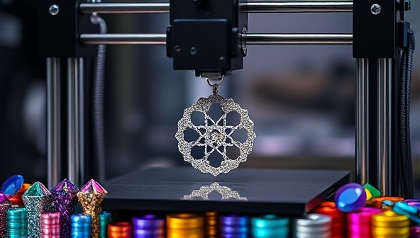An elegant 3D printer crafting a delicate and intricate piece of jewelry, surrounded by a palette of vibrant gemstones and metallic filaments, highlighting the fusion of technology and artistry in jewelry making.