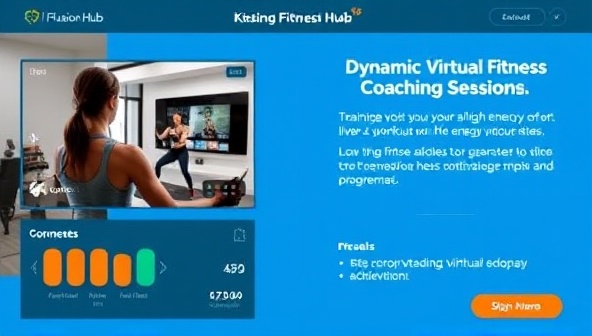 A dynamic virtual fitness coaching session on the Fit Fusion Hub platform, featuring a trainer guiding users through a high-energy workout routine via live video streaming, with interactive progress tracking and motivational messages, inspiring a sense of community and achievement.