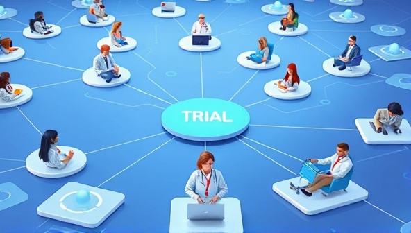 An interconnected network of virtual trial platforms with diverse avatars representing researchers, patients, and pharmaceutical professionals engaging in clinical trial activities online, illustrating the future of remote healthcare research.