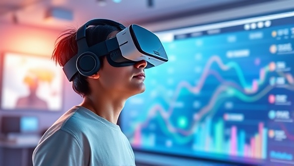 An illustration of a person wearing a VR headset exploring a visually stunning and interactive website environment, symbolizing the futuristic and immersive nature of VR-enhanced web design.