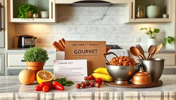 An elegant kitchen countertop showcasing a beautifully arranged culinary kit with fresh ingredients, recipe cards, and cooking utensils, inviting viewers to embark on a gourmet cooking adventure at home.