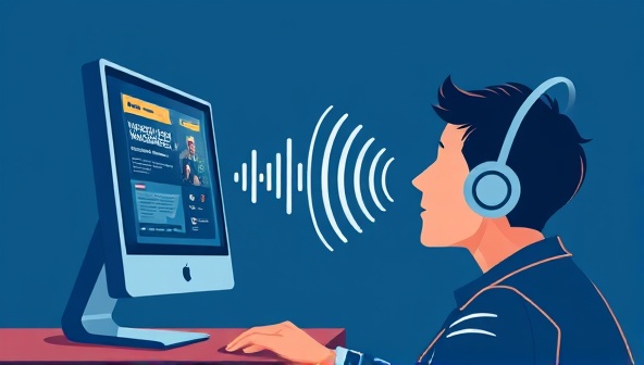 An illustration of a person speaking to a computer screen, with voice waves converting into website design changes in real-time, showcasing the seamless and innovative nature of VoiceSite Pro's voice-activated website development.