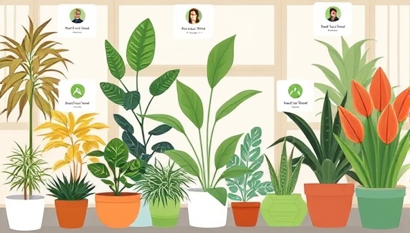 A digital illustration of a diverse range of indoor plants in need of care, surrounded by virtual chat bubbles connecting users to plant experts from PlantRx Online, symbolizing a lifeline for struggling plant parents seeking professional plant care advice, with a subtle logo of PlantRx Online conveying trust and expertise in plant health.