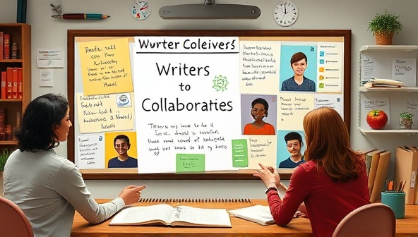 A digital collaboration hub featuring diverse writers interacting virtually on a shared project board, exchanging ideas, feedback, and inspirations in real-time, surrounded by creative elements like pens, notebooks, and virtual brainstorming tools, symbolizing the power of collective creativity and collaborative storytelling.