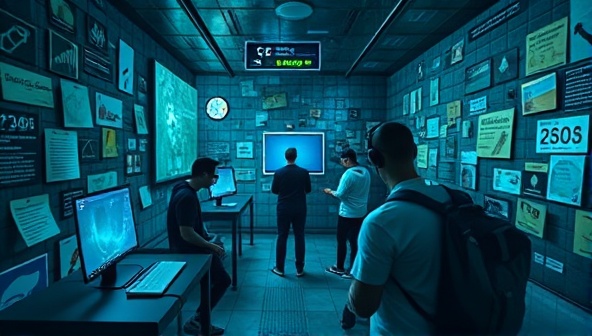 An immersive virtual escape room scenario with participants navigating through a digital labyrinth of puzzles and clues, working together to unravel mysteries and escape within the time limit, capturing the suspense and teamwork of EscapeSphere's online experience.