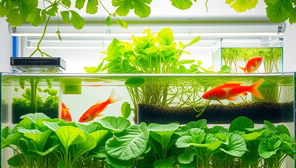 An artistic representation of an aquaponics micro-farm system with a variety of leafy greens growing alongside fish tanks in a harmonious and visually appealing setup, illustrating the concept of symbiotic farming.