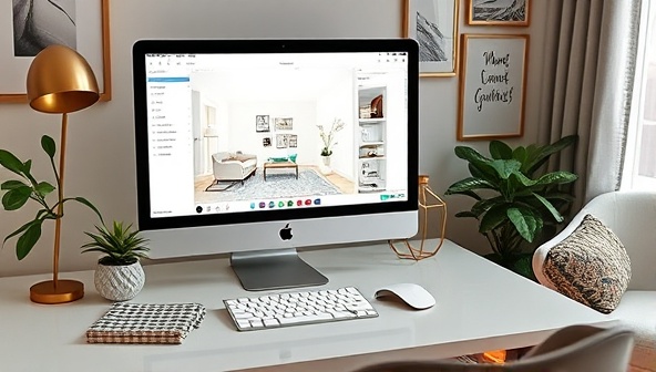A virtual design consultation setup featuring a stylish home office with a computer displaying a room design software, mood boards, and fabric swatches, creating a chic and creative atmosphere for remote consultations.