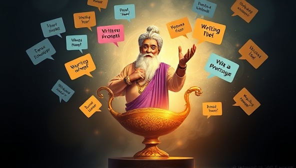 An artistic representation of a magical genie emerging from a glowing lamp, surrounded by floating writing prompt cards of various colors and designs, symbolizing creativity and inspiration, with a tagline 