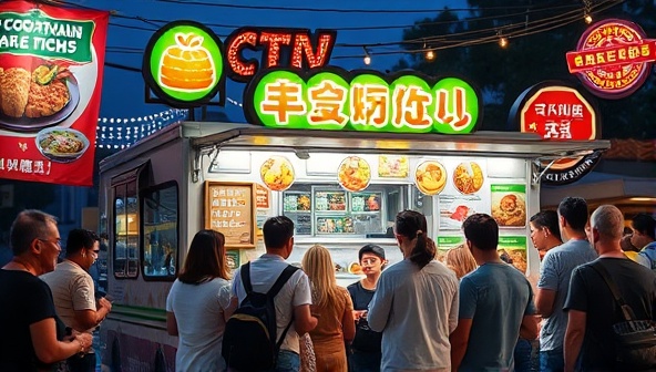 An eye-catching image of a vibrant food truck with a line of customers eagerly waiting to order, surrounded by colorful food banners and decorative lights, evoking a sense of excitement and delicious aromas.