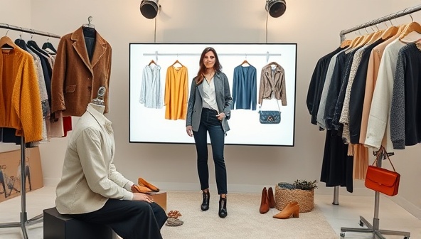 A chic and stylish virtual styling session setup featuring a stylist showcasing outfit combinations and accessories on a digital screen, surrounded by fashion magazines and trendy clothing items, creating a fashionable and sophisticated virtual styling studio.