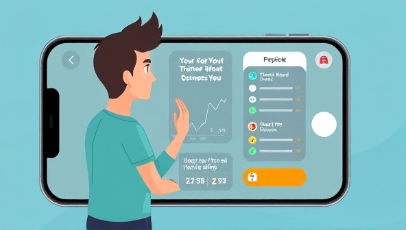 An animated illustration of a virtual trainer guiding a user through a workout routine on a smartphone screen, with motivational messages and fitness tracking data displayed, inspiring users to stay active and healthy.