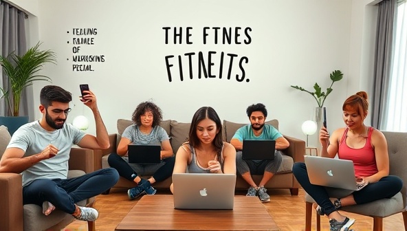 A diverse group of individuals working out in their living rooms, following virtual coaching sessions on their laptops and smartphones, with motivational quotes and fitness equipment in the background, showcasing convenience and diversity in fitness activities.