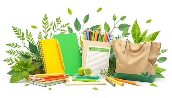 An artistic representation of eco-friendly school supplies like notebooks, pens, and bags made from recyclable materials, surrounded by green foliage and nature elements, illustrating the concept of sustainable education and environmental awareness with GreenPak School Essentials.