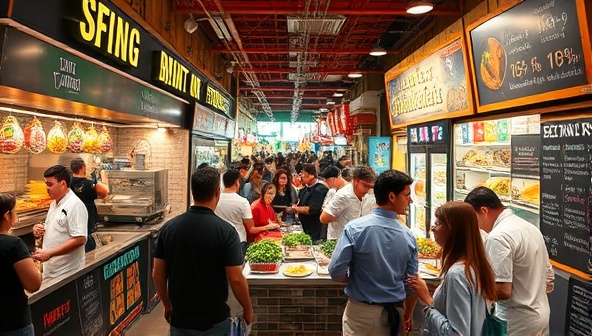 A vibrant and bustling food hall scene with colorful food stalls, chefs cooking up a storm, customers sampling a variety of dishes, and a chalkboard displaying the day's menu offerings, capturing the energetic and diverse culinary atmosphere of the venue.