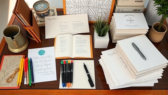 An elegantly designed desk setup with artistic stationery, a collection of colorful pens, and stacks of personalized letters ready for delivery, evoking a sense of warmth and personal touch in communication.