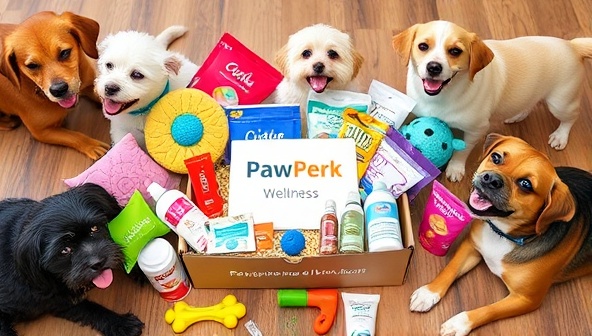 An array of colorful pet toys, treats, and grooming products neatly arranged in a PawsPerk Wellness subscription box, surrounded by happy pets playing and enjoying their new goodies, showcasing the joy and excitement of receiving a personalized pet care package.