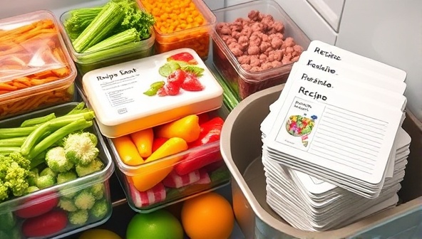An assortment of colorful pre-portioned ingredients neatly arranged in a refrigerator, alongside a stack of personalized recipe cards, conveying convenience and freshness.