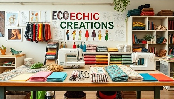 A vibrant workshop setting with colorful sustainable fabrics, sewing machines, and eco-friendly materials arranged on a table, surrounded by inspirational mood boards and sketches, showcasing the creativity and eco-conscious ethos of EcoChic Creations.