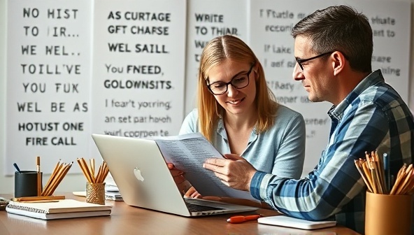 An inspiring image of a writing coach engaging with a client, reviewing a manuscript together on a laptop screen, surrounded by motivational quotes and writing tools, symbolizing guidance, support, and growth in the writing journey.